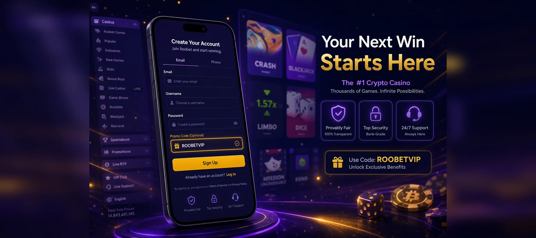 Where to enter a Roobet promo code during registration